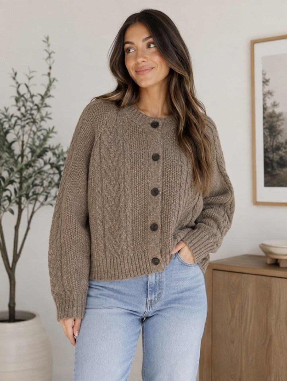 Old Navy Wild Cable Cardigan Women XXL Brown Belgian Waffle Cable Knit Sweater